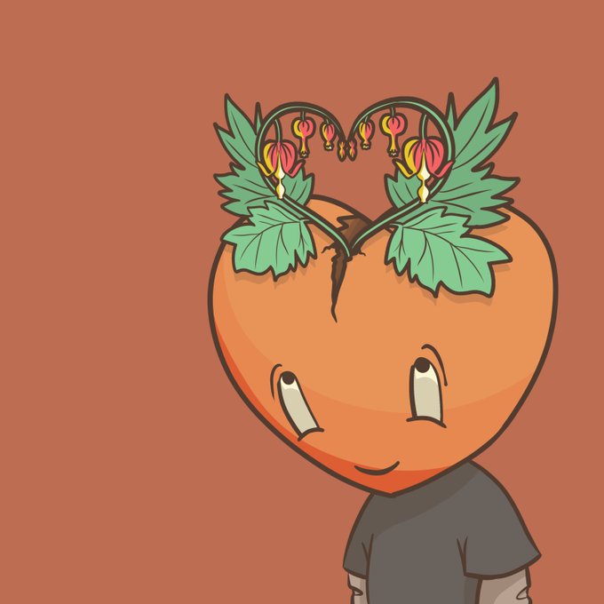 A cartoon character with a heart-shaped orange head, leaves, and bleeding-heart flowers sprouting from the top, smiling subtly against a coral background. The heart imagery and "less than three" symbol (<3) tie into the post's "Less Than Three Thursday" (@LT3NFT) theme of love and affection in the NFT community.