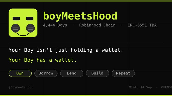A promotional graphic for 'boyMeetsHood' with a smiling face logo, featuring text: 'Your Boy isn't just holding a wallet. Your Boy has a wallet.' along with buttons for 'Own', 'Borrow', 'Lend', 'Build', and 'Repeat'.