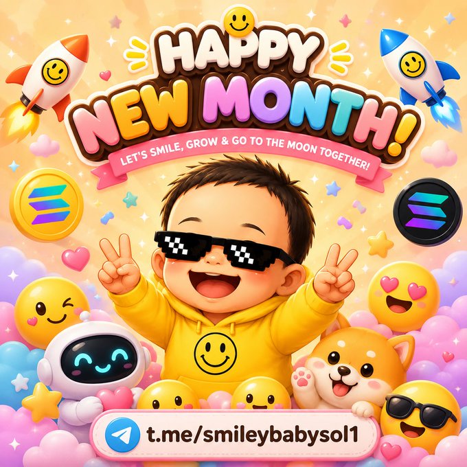 A colorful Telegram post celebrating 'Happy New Month' with a boy in pixelated sunglasses, emojis, a robot, a dog, and crypto coins.