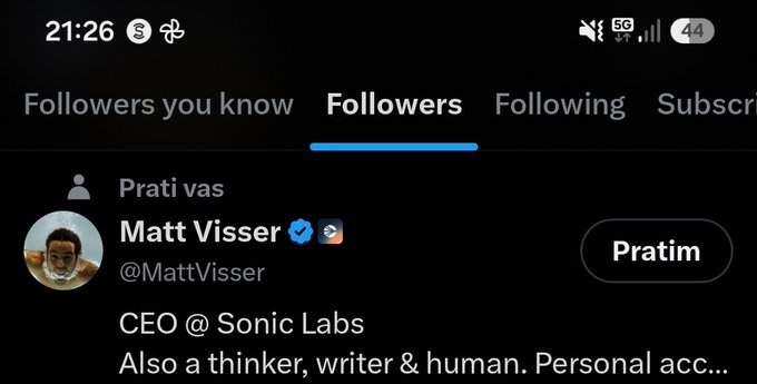 A Twitter/X followers list showing Matt Visser (@MattVisser), CEO @Sonic Labs, described as 'Also a thinker, writer & human.'