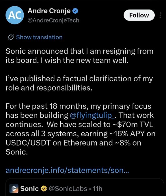 The image is a screenshot of an Instagram post from Andre Cronje, a Sonic Labs employee. The post displays a message written in text format, but no images are visible. The main content of the post talks about a former employee who is leaving their position at Sonic Labs, as they are going to be leaving on 18 months from now and will continue working for 3 more months across all three systems. The post also includes several mentions regarding the payment for the job, USDC, USDT on Ethereum and Bitcoin (specifically an etherum address). The social media platform is Instagram, which is popular among users sharing updates or news related to their work or personal lives.