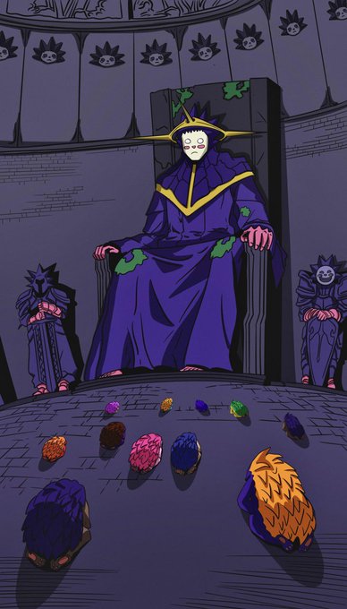 An illustrated scene depicts a masked, robed figure wearing a spiked crown seated on a stone throne, with hooded figures on either side and a circle of colorful objects on the floor before them.