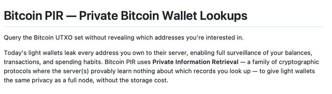 A text excerpt titled 'Bitcoin PIR — Private Bitcoin Wallet Lookups' explaining how to query the Bitcoin UTXO set without revealing addresses of interest.