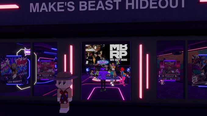 A virtual storefront labeled 'MAKE'S BEAST HIDEOUT' features neon pink lighting and displays signs for 'LEO MONKEY' and 'MBRP WE OUT HERE' inside.
