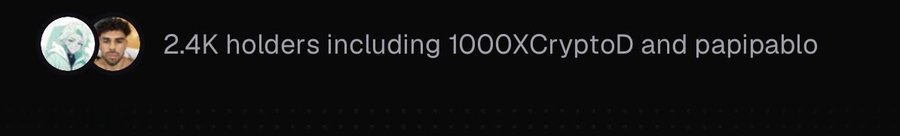 The image displays text reading "2.4K holders including 1000XCryptoD and papipablo" alongside two profile pictures, highlighting notable holders of a crypto project—likely those the poster jokingly claims to have served as exit liquidity for multiple times this past week.