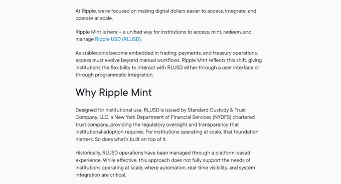A webpage or document discussing Ripple Mint, describing it as a unified way for institutions to access, mint, redeem, and manage Ripple USD (RLUSD), with a 'Why Ripple Mint' section explaining that RLUSD is issued by Standard Custody & Trust Company, LLC.