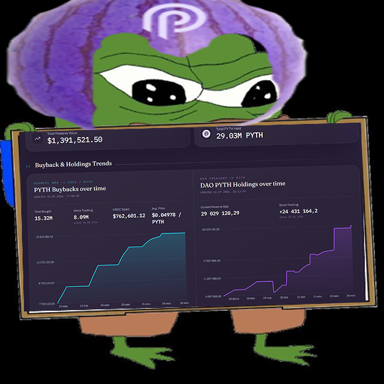 A Pepe the Frog meme wearing a purple turban, holding a board displaying crypto buyback statistics with a total treasury value of $1,391,521.50 and 29.03M PYTH holdings.