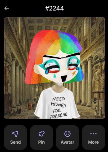 A cartoon avatar with rainbow hair and clown-like makeup wearing a t-shirt that reads "NEED MONEY FOR PORSCHE" is displayed against the backdrop of an ornate cathedral interior, labeled #2244 with options to Send, Pin, Avatar, and More below.

The image humorously illustrates the post's lament about financial losses on the "retardio" memecoin, as the avatar's pleading expression and "NEED MONEY FOR PORSCHE" shirt reflect the irony of luxury aspirations amid trading losses, while the grand cathedral setting suggests a prayer for recovery.