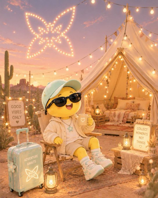 The image features a cartoon character wearing sunglasses, sitting inside a chair with luggage next to a tent. The scene appears to be set up for a camping trip or adventure, as there are two signs nearby that read "Good vibes only" and "Adventure awaits". The character is holding a cup of coffee in their hand, suggesting they might be enjoying a break during their journey.

The post seems to be promoting the idea of spending time outdoors and embracing new experiences, possibly related to the world of cryptocurrencies or blockchain technology. It could be an advertisement for a camping trip or adventure-themed event that incorporates elements from these fields.