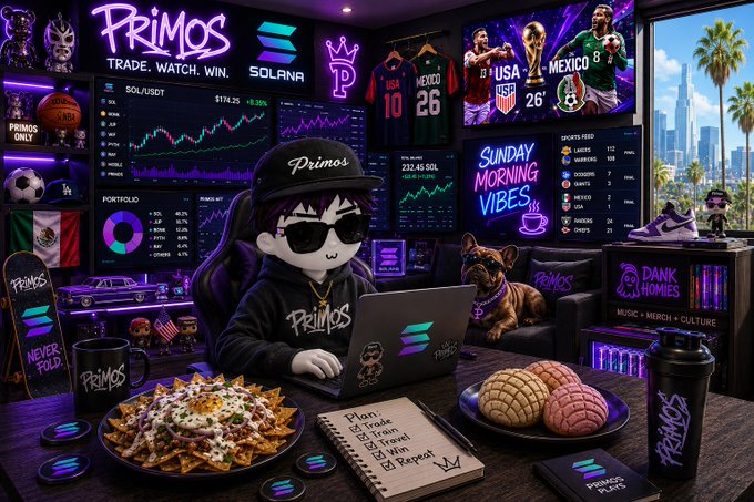 A stylized room scene featuring a character in 'Primos' branded merchandise watching sports and crypto charts, with jerseys of USA and Mexico visible and 'Sunday Morning Vibes' on screen.