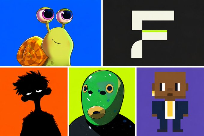 A collage displays five crypto/Web3 logos including a yellow snail, the 'FLOKI' symbol, a silhouetted character on orange, a green cosmic face, and a pixelated brown figure on purple.