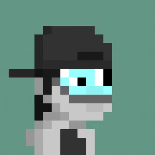 A pixel art image showing the head and shoulders of a pale, blue-skinned figure wearing a black cap and white collared shirt against a teal background.