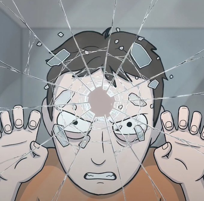 An illustration of a man with a worried expression pressing his hands against a cracked or shattered glass surface, viewed from the other side.