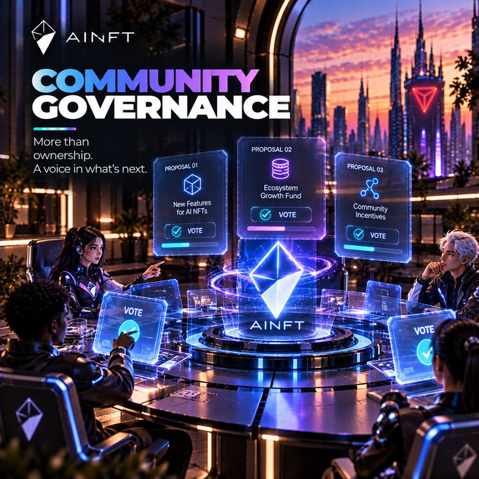 A futuristic promotional graphic for 'AINFT' highlighting 'COMMUNITY GOVERNANCE' with the tagline 'More than ownership. A voice in what's next,' featuring three holographic voting proposals displayed around a glowing Ethereum-style diamond emblem.
