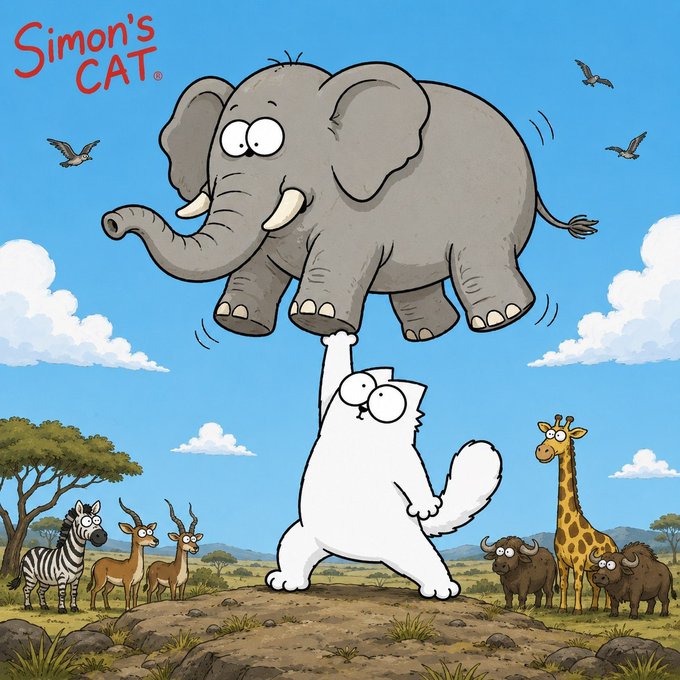 The image shows a white cartoon cat (Simon's Cat) lifting a large gray elephant above its head in a savanna setting, with a zebra, antelopes, buffalo, and giraffe watching in surprise. The "Simon's Cat" logo appears in the top left corner. The scene humorously illustrates the post "$CAT lifts up the game!" by depicting the cat literally hoisting a massive animal, symbolizing the cryptocurrency elevating its performance to impressive new heights.