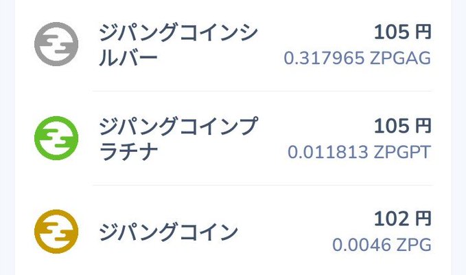 The screenshot displays three Zipangu Coin cryptocurrency listings on what appears to be bitFlyer, showing current prices: Zipangu Coin Silver (ZPGAG) at 105円 for 0.317965 ZPGAG, Zipangu Coin Platinum (ZPGPT) at 105円 for 0.011813 ZPGPT, and Zipangu Coin (ZPG) at 102円 for 0.0046 ZPG.

The image illustrates the rising prices of the precious metal-backed cryptocurrencies mentioned in the post, supporting the user's excitement about their investment gaining value.