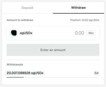 The image shows a withdrawal interface for ogUSDx with a balance of 20.007098928 ogUSDx, featuring a "Withdraw" tab, an amount input field currently set to 0.00, a "Max" button, and a 5-day cooldown option, which the user has chosen to avoid paying withdrawal fees during Axis pre-deposit Season 1.