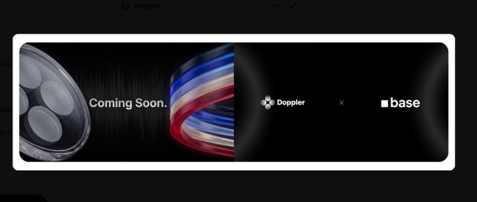 A promotional banner with a black background features film reels and colorful ribbons, reading 'Coming Soon. Doppler × base' alongside the respective logos.