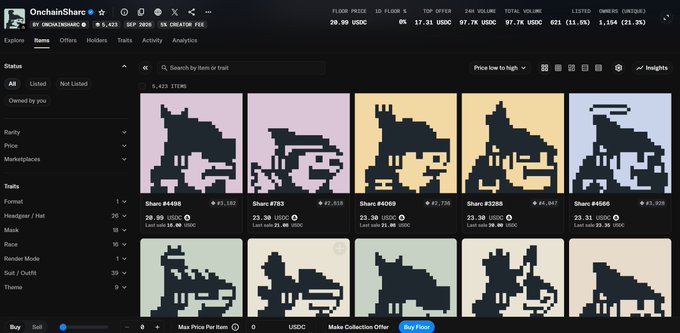 A screenshot of an NFT marketplace called "OnchainSharks" displaying a collection of pixel art shark NFTs with prices listed in USDC, showing floor prices and listing statistics at the top.