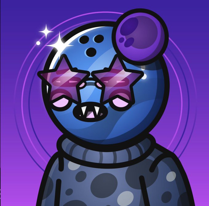 A stylized cartoon character with a blue round head, star-shaped sunglasses, and a purple sphere on top, set against a purple background.
