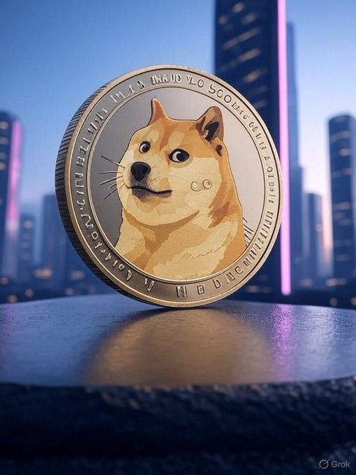 A Dogecoin cryptocurrency coin featuring the iconic Shiba Inu dog sits prominently against a blurred city skyline backdrop with purple-lit skyscrapers. The image visually reinforces the post's question about ideal pricing for DOGE, using the coin itself as the central symbol of the inquiry.