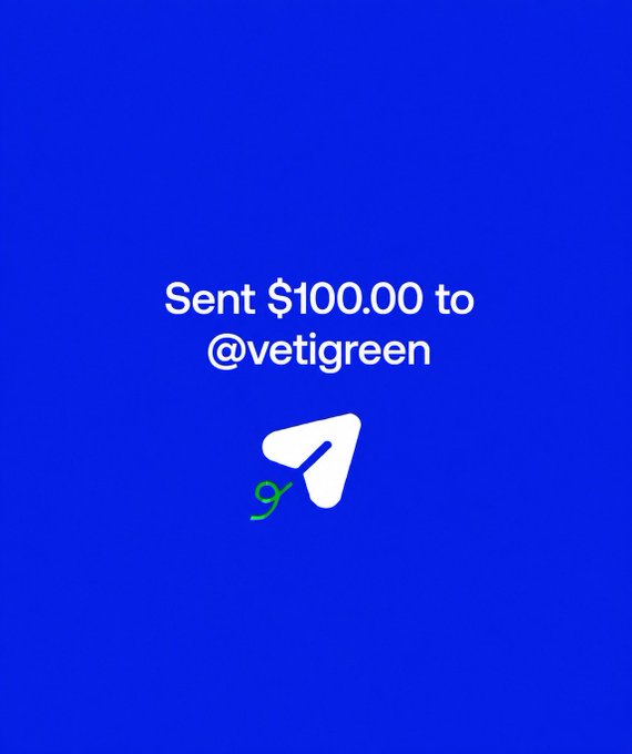 A screenshot of a $100.00 transfer sent to @vetigreen on a blue background, likely showcasing one of the winners from the ongoing giveaway described in the caption.