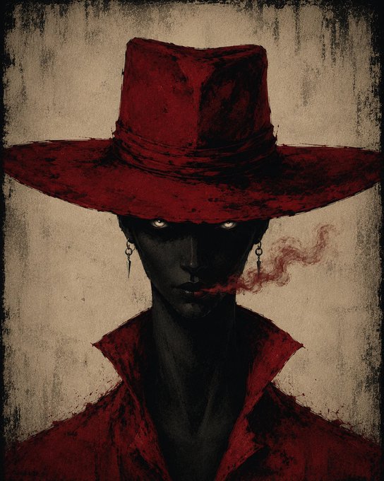 A dark, stylized illustration of a figure in a red wide-brimmed hat and red clothing, with glowing eyes and smoke curling from their mouth against a textured beige background.