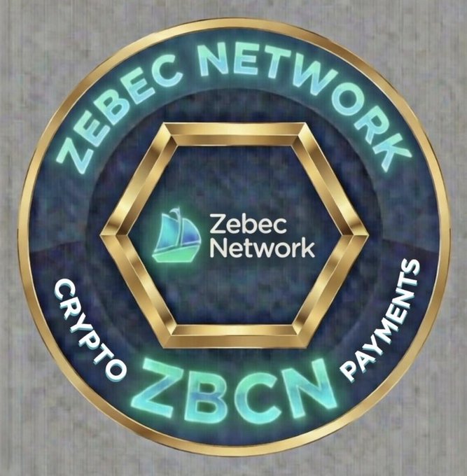 A circular Zebec Network crypto coin logo featuring the text "ZEBEC NETWORK," "ZBCN," "CRYPTO," and "PAYMENTS" around a gold hexagonal frame with a sailboat icon and the label "Zebec Network" in the center.