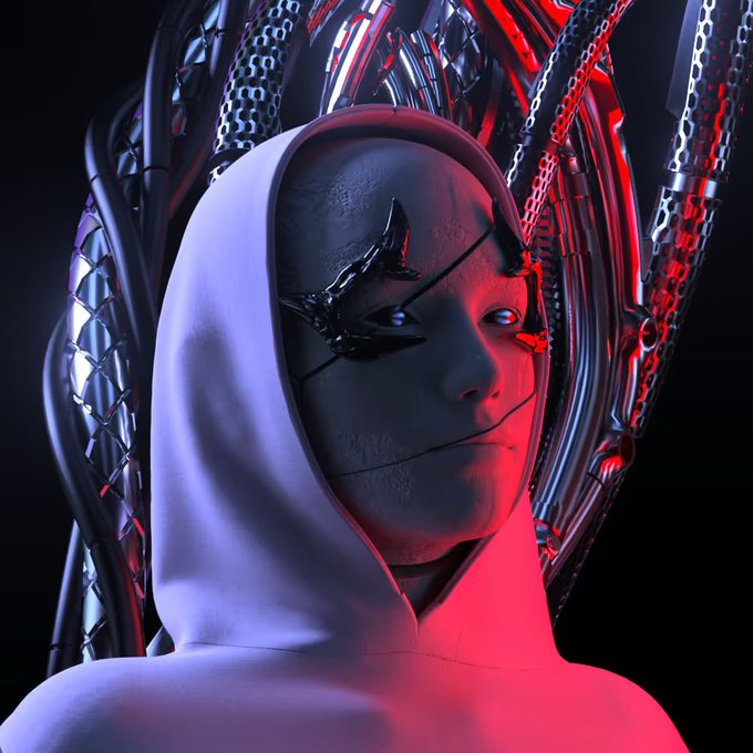 A futuristic 3D-rendered figure in a white hood features a cybernetic eye with metallic tendrils against a dark background lit with red tones.