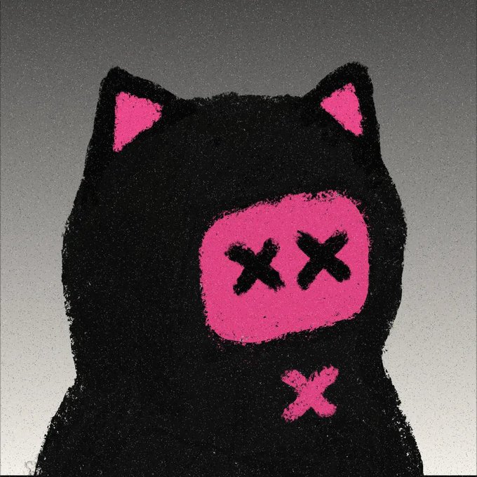 A stylized illustration of a black cat with a pink face featuring two 'X' marks for eyes and a small 'X' mouth, giving it a dead or cartoonish appearance.