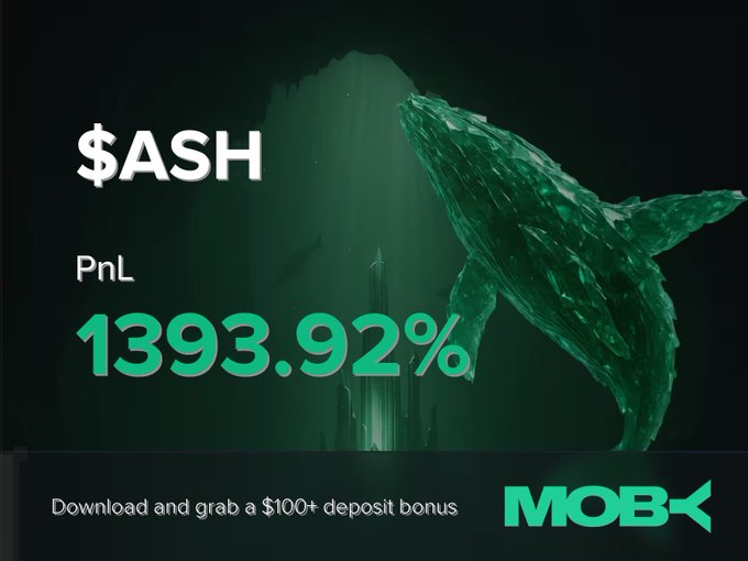 A promotional graphic for Moby Mobile displays "$ASH" with a PnL of "1393.92%" in bright green text against a dark, underwater-themed background featuring a polygonal whale, with a $100+ deposit bonus offer and the Moby logo at the bottom—visually celebrating the trader's massive profit highlighted in the win alert.