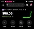 A mobile app interface showing a Bitcoin trade for '$58.06' on 'Private key' with an upward green trend line and a 'BUY' option.