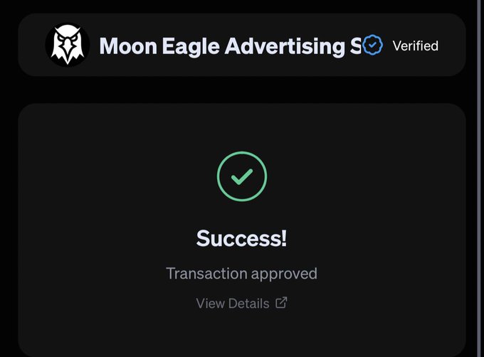 The image shows a verified "Moon Eagle Advertising S" page displaying a green checkmark with the text "Success! Transaction approved" and a "View Details" link, indicating a successful payment or transaction on the platform. This confirms the post's claim that a DEX update has been completed and paid for.