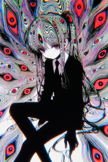 An anime-style illustration depicts a pale girl with long flowing hair sitting in a dark suit, surrounded by a surreal pattern of swirling psychedelic waves and numerous staring red eyes.