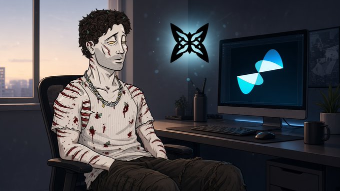 The image depicts a person sitting at a desk with a computer displaying a dynamic blue logo, while a glowing butterfly-like symbol hovers above it. This visual represents the user's interaction with the gQuip and @quipnetwork's testnet dashboard, where they successfully tested a routing job with hybrid matching, leading to a "clean verification."
