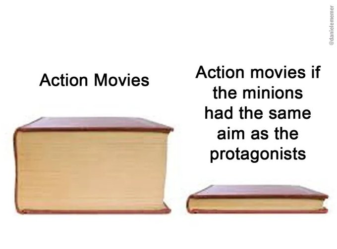 A meme comparing a thick book labeled 'Action Movies' to a thin book labeled 'Action movies if the minions had the same aim as the protagonists,' credited to @damienmemes.
