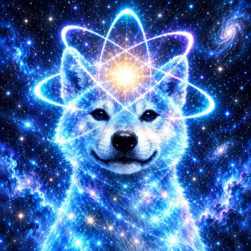 Vibrant digital artwork of a husky dog's face set against a cosmic blue galaxy background, with glowing neon atomic orbital rings encircling its head.
