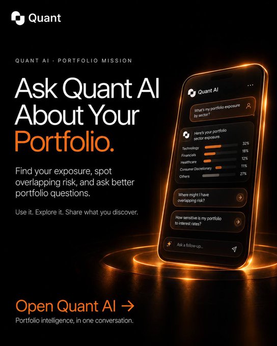 A promotional graphic for 'Quant AI - Portfolio Mission' advertising 'Ask Quant AI About Your Portfolio' with a mockup of a smartphone interface showing portfolio sector exposure including Technology 32% and Financials 18%, against a dark background with orange glowing accents.