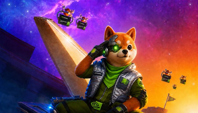 An anthropomorphic Shiba Inu character in a glowing space helmet raises a saluting hand, sitting in front of a vibrant cosmic backdrop with smaller Shiba figures flying in hovering pods. The space explorer imagery visually reinforces the post's bullish sentiment, symbolizing the community's journey toward reaching new heights with the token.