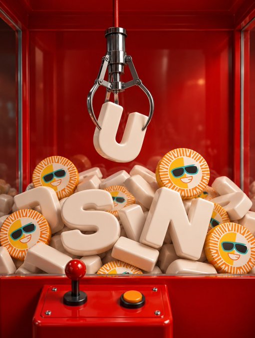 A claw machine filled with white letter blocks spelling 'SN' and round yellow tokens featuring smiley faces with sunglasses, set against a red interior.