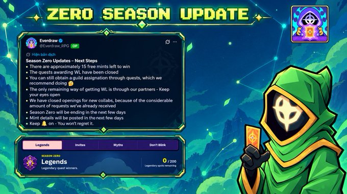 A 'ZERO SEASON UPDATE' announcement from Everdraw (@Everdraw_RPG) about Season Zero updates with only 15 free mints left, detailing closed quest assignments, mint details coming soon, and showing a green-hooded masked character on the right.