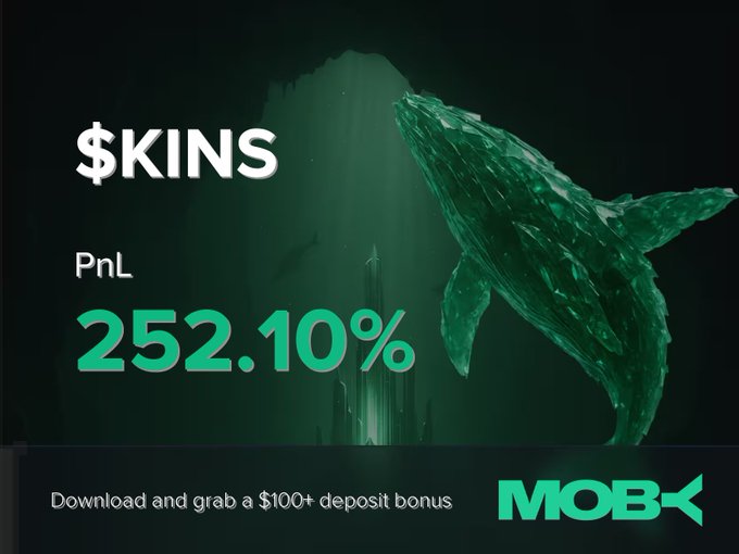 The image features a Moby promotional graphic highlighting a "$KINS" trade with a PnL of "252.10%", accompanied by an emerald-colored whale illustration underwater and a call-to-action to "Download and grab a $100+ deposit bonus." This visually reinforces the post's win alert, celebrating a trader who closed a $KINS position with a massive 252.10% profit on Moby Mobile.