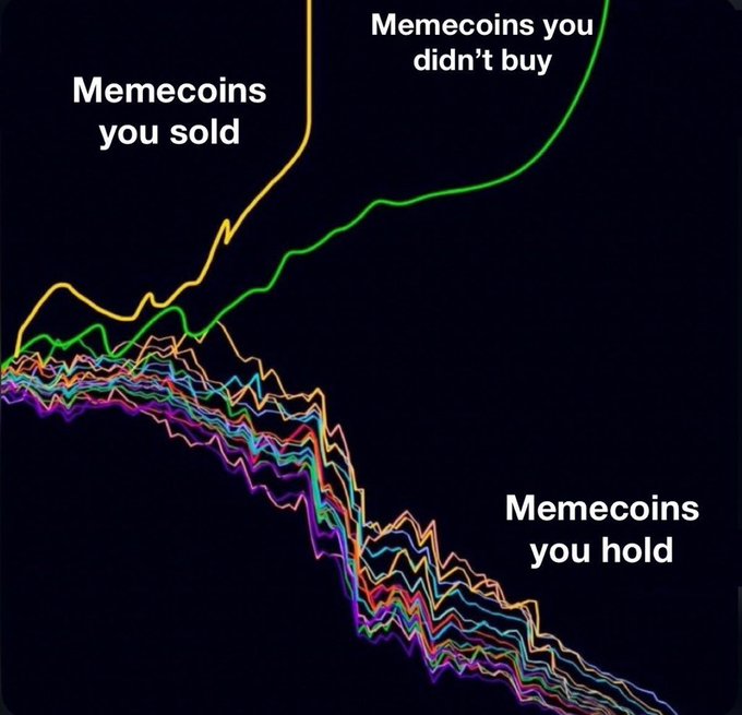 A meme-style line chart contrasting three trajectories: 'Memecoins you sold' (yellow) and 'Memecoins you didn't buy' (green) shooting upward, while 'Memecoins you hold' (multicolored lines) plunge downward.