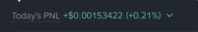 A dark interface displays 'Today's PNL +$0.00153422 (+0.21%)' with a green checkmark, indicating a positive financial gain.