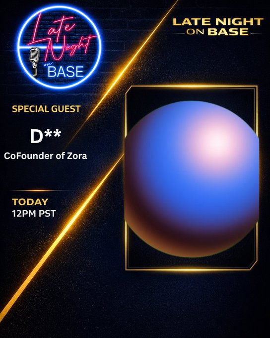 The image features a poster for a late night show called "Late Night Base" that is being advertised at 12pm PT. The poster includes a blue ball, which appears to be a globe or planet, placed centrally against a dark background. The text on the poster announces the special guest and the date of the event, as well as the time it will take place. Additionally, there are some numbers in the image that seem to represent the time of day.