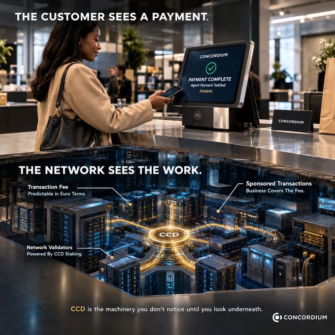A promotional advertisement for 'CONCORDIUM' cryptocurrency contrasting 'THE CUSTOMER SEES A PAYMENT' (a woman paying at a checkout terminal) with 'THE NETWORK SEES THE WORK' (a futuristic data center), noting 'Transaction Fee Predictable In Euro Terms' and 'CCD is the machinery you don't notice until you look underneath'.