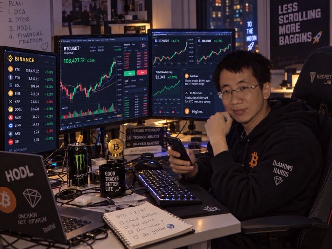 A man sits at a multi-monitor crypto trading setup with Binance screens showing BTC/USDT at 108,427.32 (+2.5%) and ETH/USDT and SOL/USDT charts, with signage reading 'LESS SCROLLING MORE BAGGINS' and 'HODL ONCHAIN NOT OPINION'.