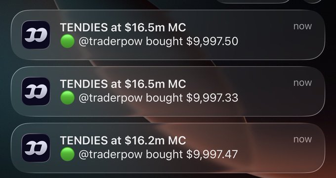 A series of transaction notifications showing @traderpow making three consecutive ~$9,997 purchases of TENDIES token at $16.5m and $16.2m market caps.