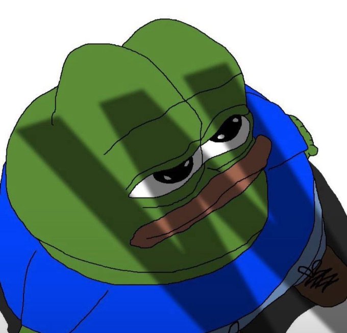 A digital drawing of a sad-looking Pepe the Frog character wearing a blue shirt.