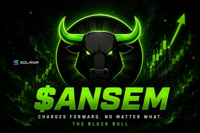 A promotional graphic featuring a black bull with glowing green horns against a dark background with green candlestick charts, displaying the Solana logo and the text '$ANSEM CHARGES FORWARD. NO MATTER WHAT. THE BLACK BULL'.